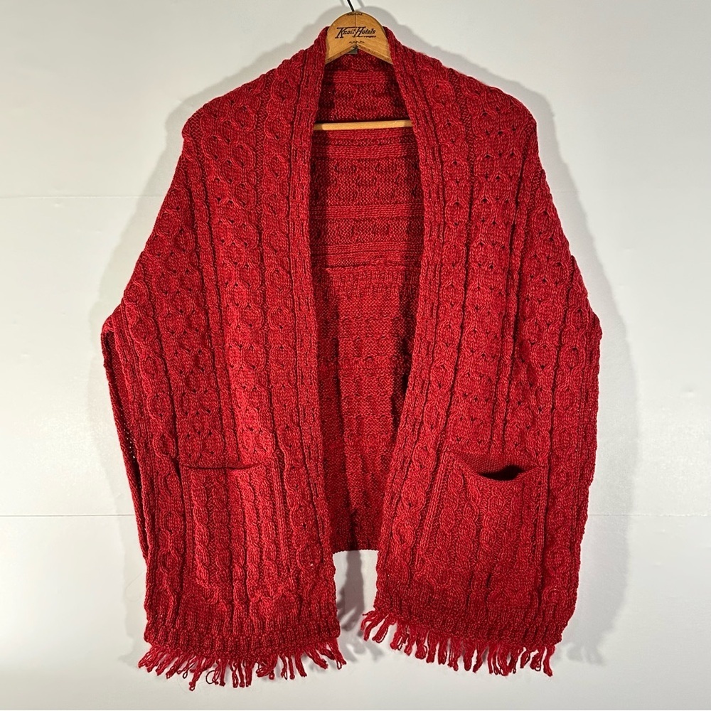 Cozy 100% Merino Wool Red Cable Knit Wrap Poncho
